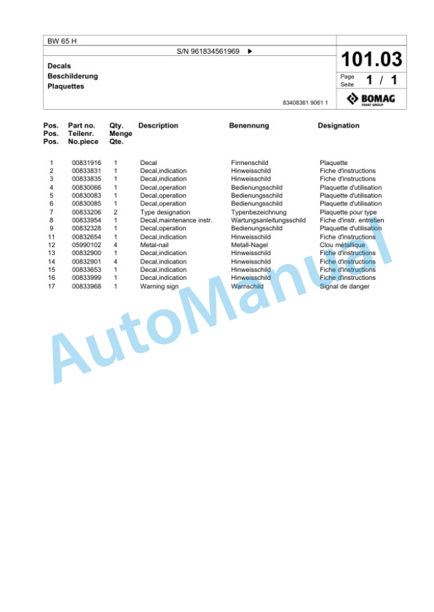 Bomag BW 65 H Double Vibratory Roller Spare Parts Catalogue 00826213 5 Bomag BW 65 H Double Vibratory Roller Spare Parts Catalogue 00826213-5