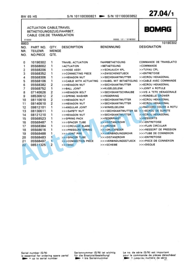 Bomag BW 65 HS Double Vibratory Roller Spare Parts Catalogue 00810113 3 Bomag BW 65 HS Double Vibratory Roller Spare Parts Catalogue 00810113-3