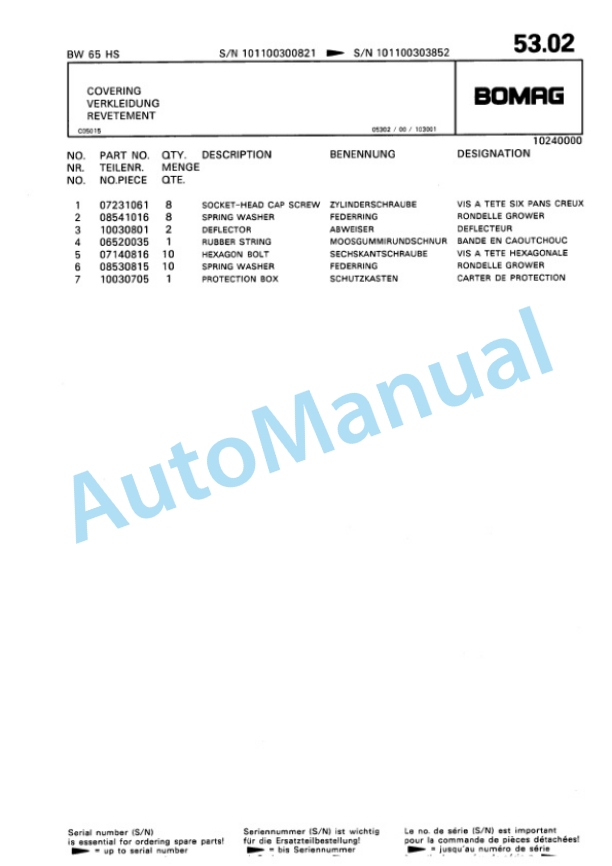 Bomag BW 65 HS Double Vibratory Roller Spare Parts Catalogue 00810113 5 Bomag BW 65 HS Double Vibratory Roller Spare Parts Catalogue 00810113-5