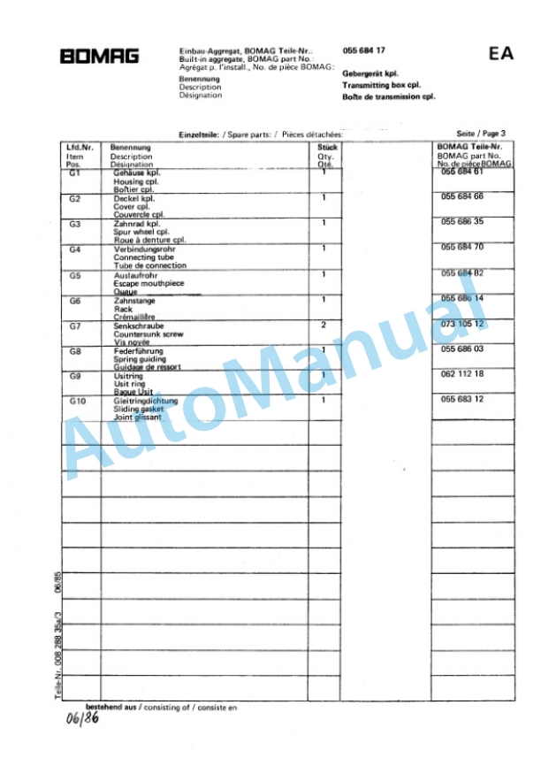 Bomag BW 65 HS Double Vibratory Roller Spare Parts Catalogue 00810383 TR 3 Bomag BW 65 HS Double Vibratory Roller Spare Parts Catalogue 00810383 TR-3