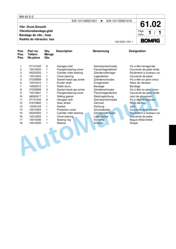 Bomag BW 65 S-2 Double Vibratory Roller Spare Parts Catalogue 00817969 4 Bomag BW 65 S-2 Double Vibratory Roller Spare Parts Catalogue 00817969-4