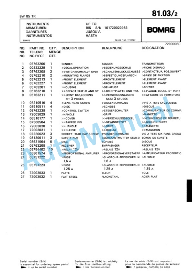 Bomag BW 65 TR, BW 85 TR, BW 105 TR Trench Compactor Spare Parts Catalogue 00815211 3 Bomag BW 65 TR, BW 85 TR, BW 105 TR Trench Compactor Spare Parts Catalogue 00815211-3