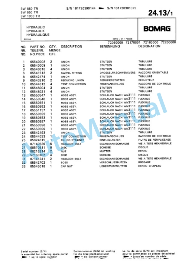 Bomag BW 650 TR, BW 850 TR, BW 1050 TR Trench Compactor Spare Parts Catalogue 00815210 4 Bomag BW 650 TR, BW 850 TR, BW 1050 TR Trench Compactor Spare Parts Catalogue 00815210-4