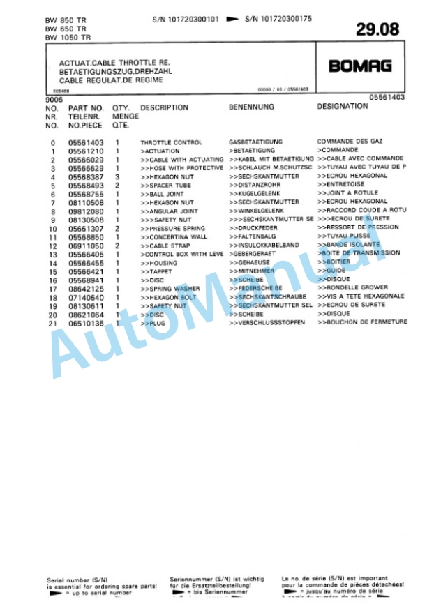 Bomag BW 650 TR, BW 850 TR, BW 1050 TR Trench Compactor Spare Parts Catalogue 00815210 5 Bomag BW 650 TR, BW 850 TR, BW 1050 TR Trench Compactor Spare Parts Catalogue 00815210-5