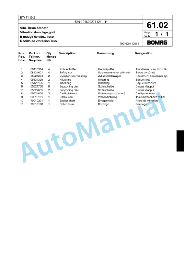 Bomag BW 71 E-2 Single-Drum Vibration Roller Spare Parts Catalogue 00818769 4 Bomag BW 71 E-2 Single-Drum Vibration Roller Spare Parts Catalogue 00818769-4