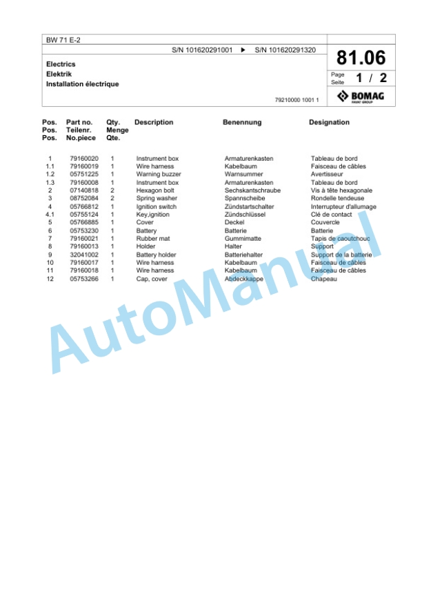 Bomag BW 71 E-2 Single-Drum Vibration Roller Spare Parts Catalogue 00824783 4 Bomag BW 71 E-2 Single-Drum Vibration Roller Spare Parts Catalogue 00824783-4