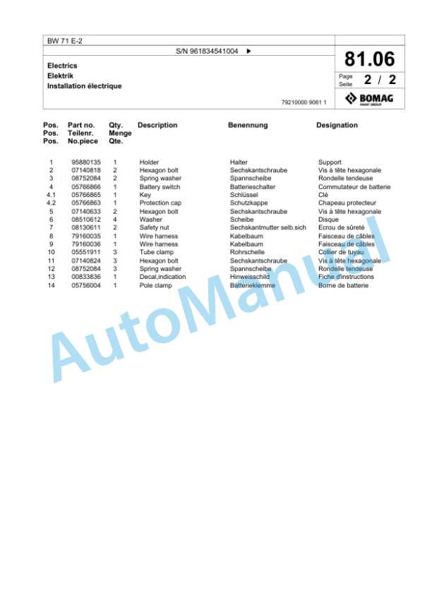 Bomag BW 71 E-2 Single-Drum Vibration Roller Spare Parts Catalogue 00826209 5 Bomag BW 71 E-2 Single-Drum Vibration Roller Spare Parts Catalogue 00826209-5