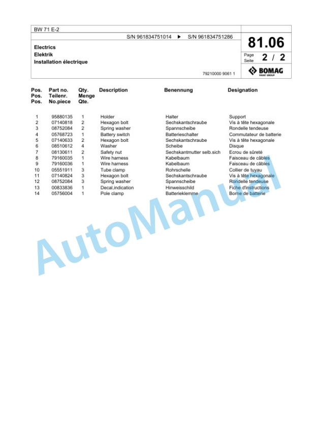 Bomag BW 71 E-2 Single-Drum Vibration Roller Spare Parts Catalogue 00826535 5 Bomag BW 71 E-2 Single-Drum Vibration Roller Spare Parts Catalogue 00826535-5