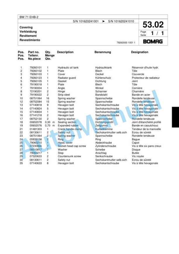 Bomag BW 71 EHB-2 Single-Drum Vibration Roller Spare Parts Catalogue 00817601 4 Bomag BW 71 EHB-2 Single-Drum Vibration Roller Spare Parts Catalogue 00817601-4