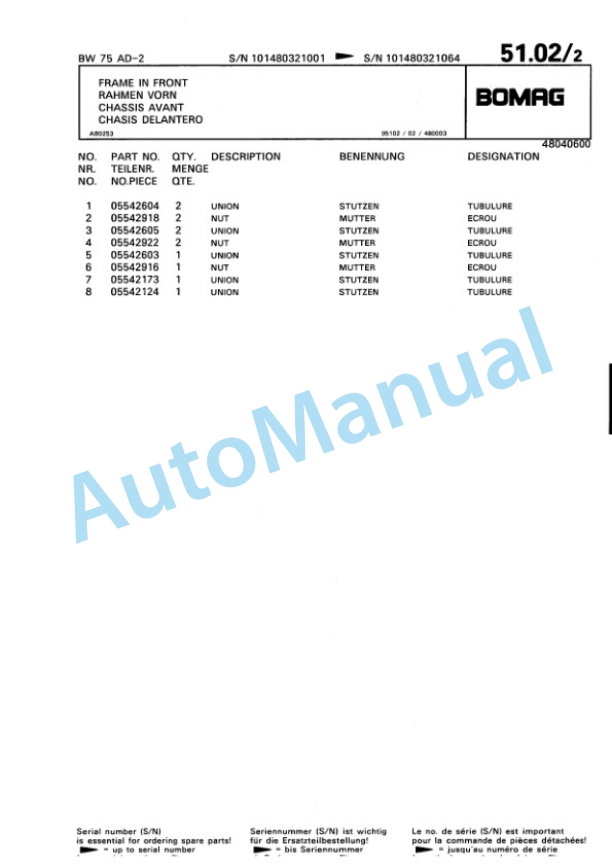 Bomag BW 75 AD-2 Double Vibratory Roller Spare Parts Catalogue 00811410 3 Bomag BW 75 AD-2 Double Vibratory Roller Spare Parts Catalogue 00811410-3
