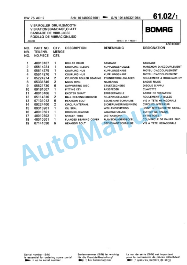 Bomag BW 75 AD-2 Double Vibratory Roller Spare Parts Catalogue 00811410 4 Bomag BW 75 AD-2 Double Vibratory Roller Spare Parts Catalogue 00811410-4