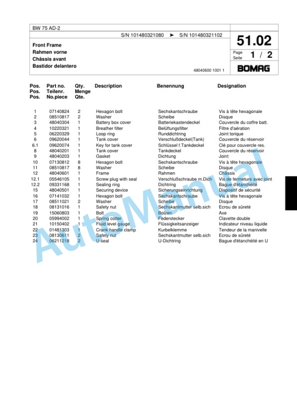 Bomag BW 75 AD-2 Double Vibratory Roller Spare Parts Catalogue 00817563 3 Bomag BW 75 AD-2 Double Vibratory Roller Spare Parts Catalogue 00817563-3