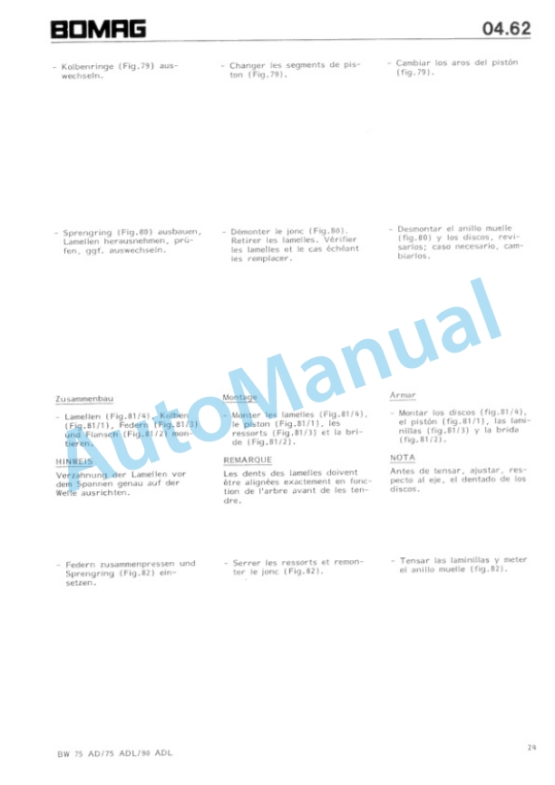 Bomag BW 75 AD, BW 75 ADL, BW 90 ADL Tandem Vibrating Roller Repair Instructions 00819015 3 Bomag BW 75 AD, BW 75 ADL, BW 90 ADL Tandem Vibrating Roller Repair Instructions 00819015-3