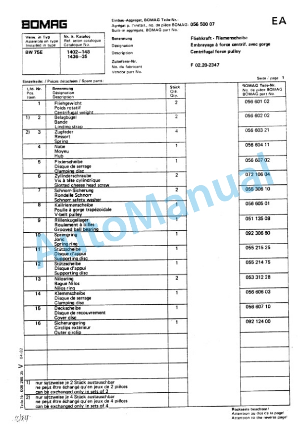 Bomag BW 75 E Double Vibratory Roller Spare Parts Catalogue 00811010 4 Bomag BW 75 E Double Vibratory Roller Spare Parts Catalogue 00811010-4