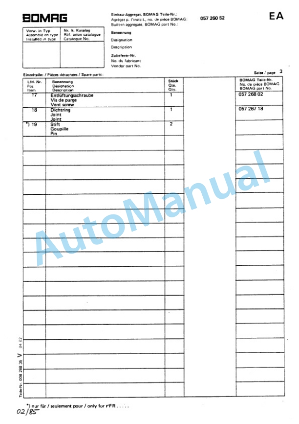 Bomag BW 75 E Double Vibratory Roller Spare Parts Catalogue 00811010 5 Bomag BW 75 E Double Vibratory Roller Spare Parts Catalogue 00811010-5