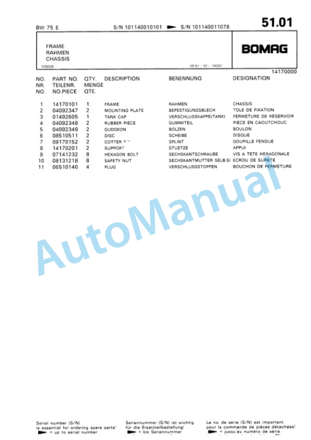 Bomag BW 75 E Single Drum Vibratory Roller Spare Parts Catalogue 00811011 4 Bomag BW 75 E Single Drum Vibratory Roller Spare Parts Catalogue 00811011-4