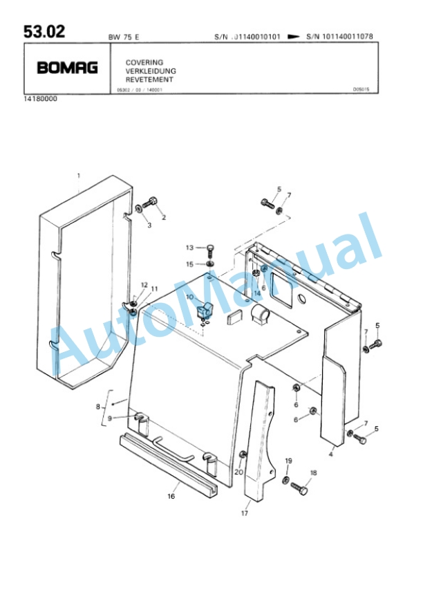 Bomag BW 75 E Single Drum Vibratory Roller Spare Parts Catalogue 00811011 5 Bomag BW 75 E Single Drum Vibratory Roller Spare Parts Catalogue 00811011-5