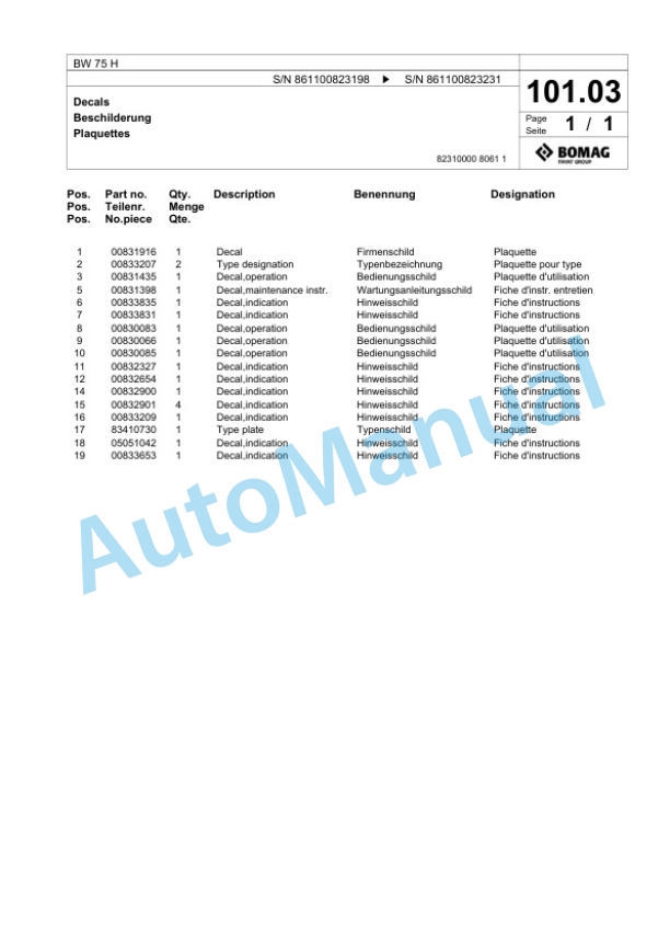 Bomag BW 75 H Double Vibratory Roller Spare Parts Catalogue 00818745 3 Bomag BW 75 H Double Vibratory Roller Spare Parts Catalogue 00818745-3