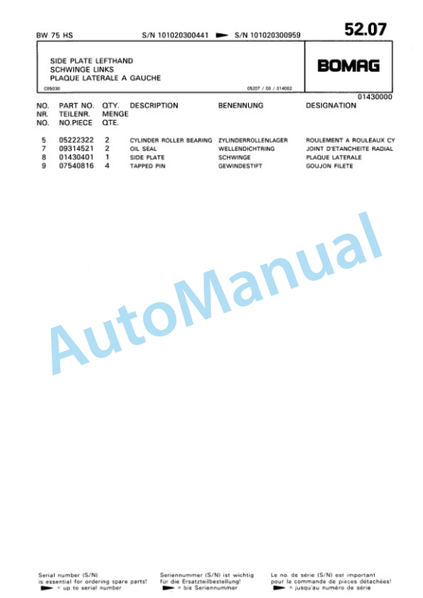 Bomag BW 75 HS Double Vibratory Roller Spare Parts Catalogue 00810015 4 Bomag BW 75 HS Double Vibratory Roller Spare Parts Catalogue 00810015-4
