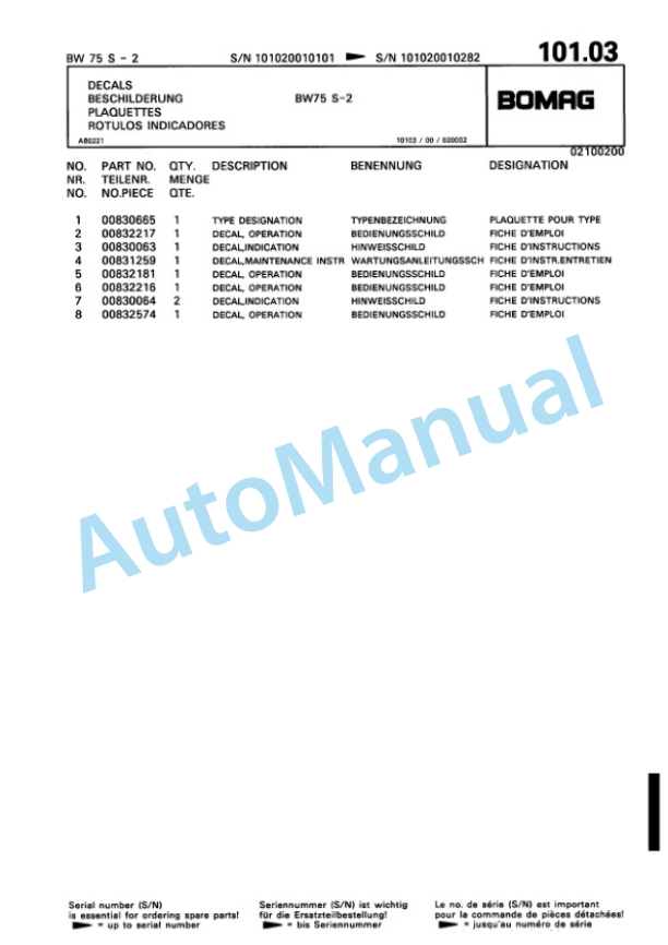 Bomag BW 75 S-2 Double Vibratory Roller Spare Parts Catalogue 00811409 5 Bomag BW 75 S-2 Double Vibratory Roller Spare Parts Catalogue 00811409-5