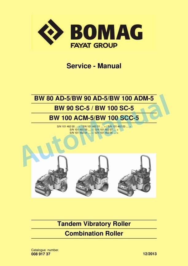 Bomag BW 80 AD-5 to BW 100 SCC-5 Tandem Vibratory Roller Service Manual 00891737