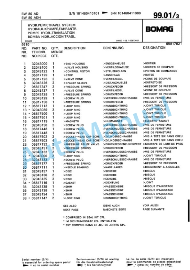 Bomag BW 80 AD, BW 80 ADH Tandem Vibratory Roller Spare Parts Catalogue 00810180 5 Bomag BW 80 AD, BW 80 ADH Tandem Vibratory Roller Spare Parts Catalogue 00810180-5