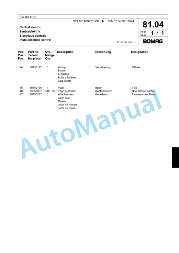 Bomag BW 80 ADS Combination Roller Spare Parts Catalogue 00817567 3 Bomag BW 80 ADS Combination Roller Spare Parts Catalogue 00817567-3