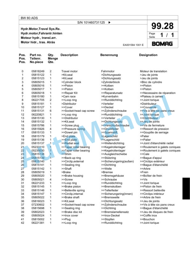 Bomag BW 80 ADS Combination Roller Spare Parts Catalogue 00817567 5 Bomag BW 80 ADS Combination Roller Spare Parts Catalogue 00817567-5