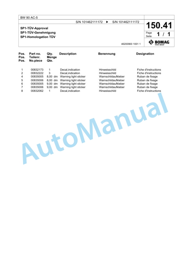 Bomag BW 90 AC-5 Combination Roller Spare Parts Catalogue 00825287 3 Bomag BW 90 AC-5 Combination Roller Spare Parts Catalogue 00825287-3