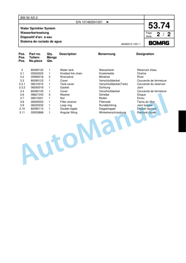 Bomag BW 90 AD-2 Tandem Vibratory Roller Spare Parts Catalogue 00818507-2