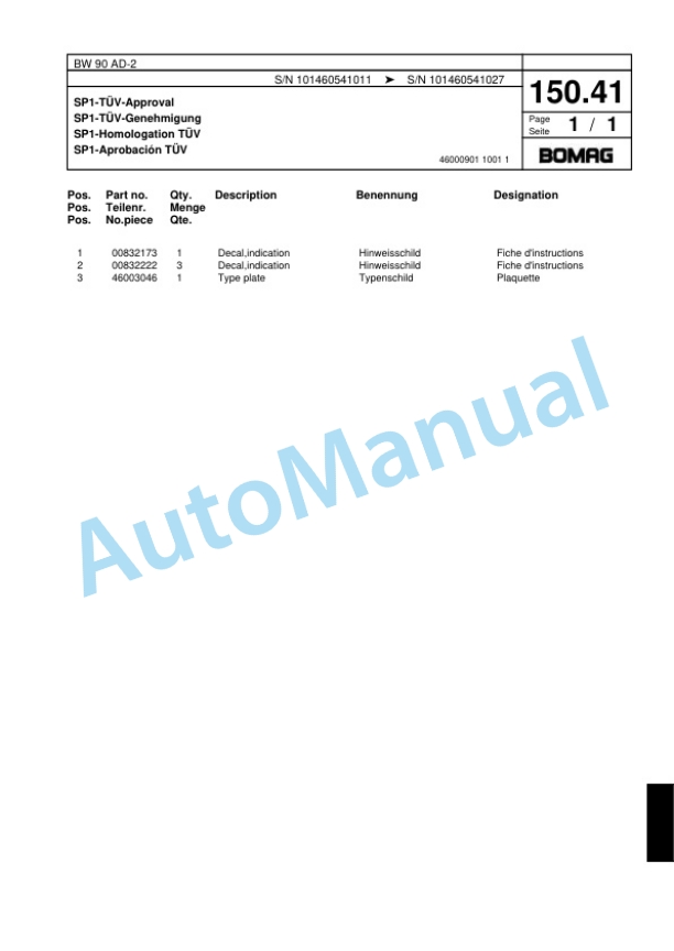 Bomag BW 90 AD-2 Tandem Vibratory Roller Spare Parts Catalogue 00818507-5
