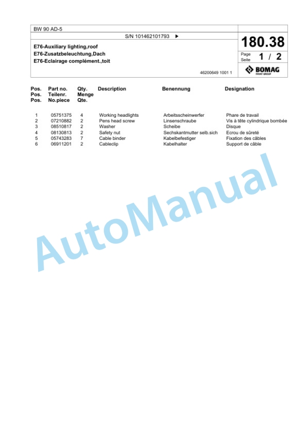 Bomag BW 90 AD-5 Tandem Vibratory Roller Spare Parts Catalogue 00825285 4 Bomag BW 90 AD-5 Tandem Vibratory Roller Spare Parts Catalogue 00825285-4