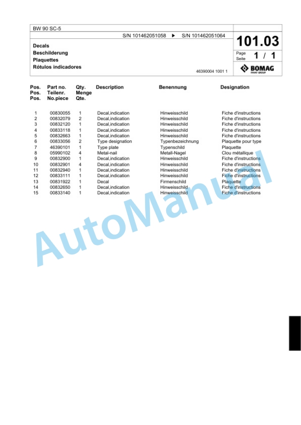 Bomag BW 90 SC-5 Tandem Vibratory Roller Spare Parts Catalogue 00818713-5
