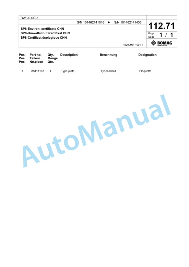 Bomag BW 90 SC-5 Tandem Vibratory Roller Spare Parts Catalogue 00825293 3 Bomag BW 90 SC-5 Tandem Vibratory Roller Spare Parts Catalogue 00825293-3