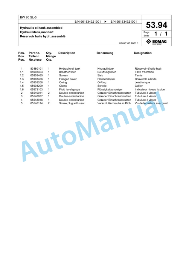 Bomag BW 90 SL-5 Tandem Vibratory Roller Spare Parts Catalogue 00826551 2 Bomag BW 90 SL-5 Tandem Vibratory Roller Spare Parts Catalogue 00826551-2