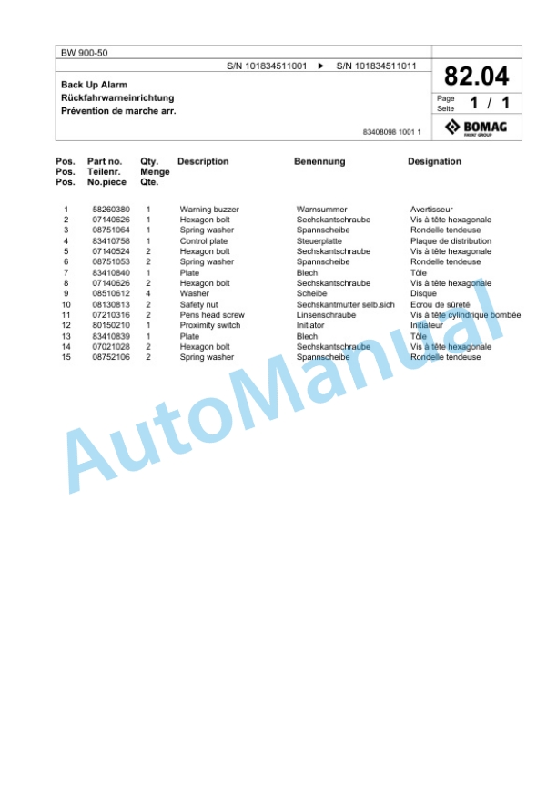 Bomag BW 900-50 Tandem Vibratory Roller Spare Parts Catalogue 00825617 4 Bomag BW 900-50 Tandem Vibratory Roller Spare Parts Catalogue 00825617-4