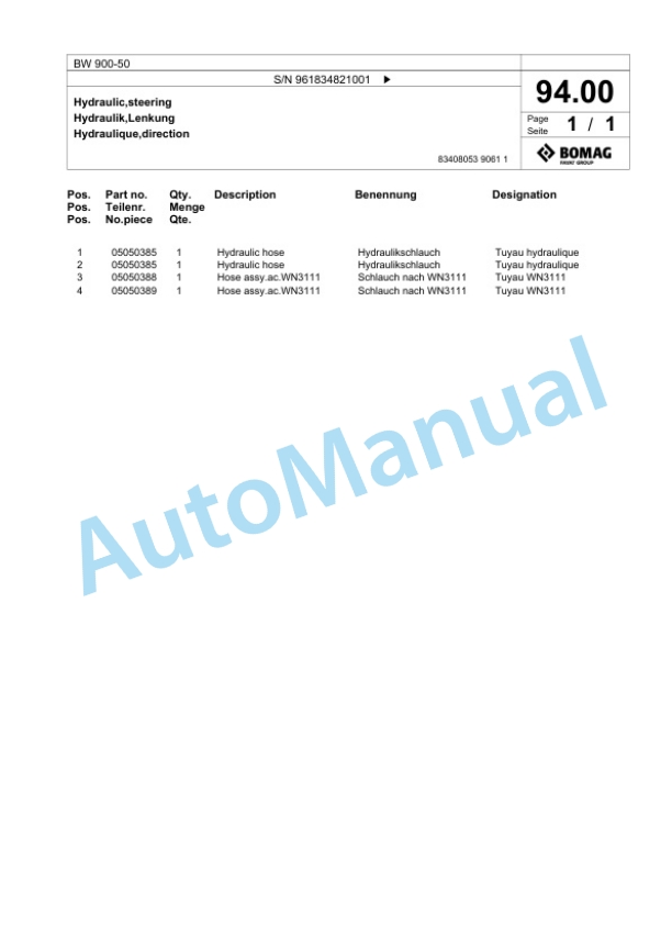 Bomag BW 900-50 Tandem Vibratory Roller Spare Parts Catalogue 00827119 5 Bomag BW 900-50 Tandem Vibratory Roller Spare Parts Catalogue 00827119-5