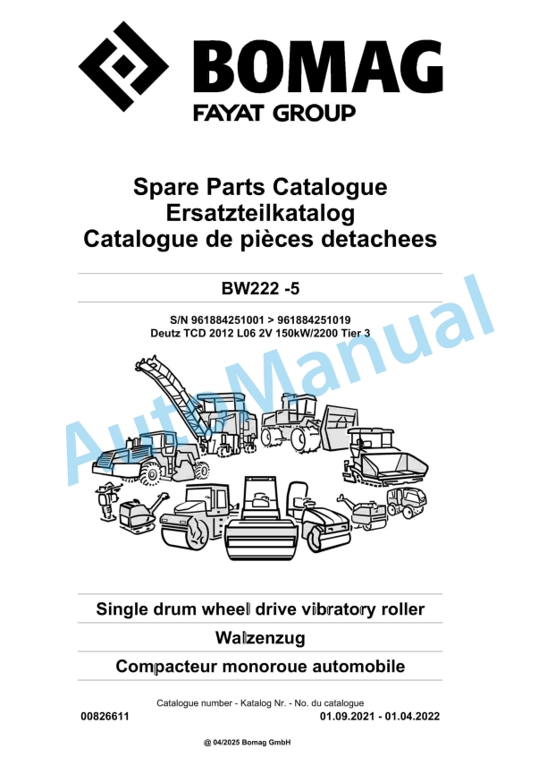 Bomag BW222-5 Single Drum Wheel Drive Vibratory Roller Spare Parts Catalogue 00826611