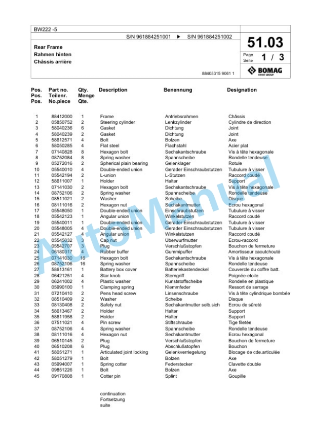 Bomag BW222-5 Single Drum Wheel Drive Vibratory Roller Spare Parts Catalogue 00826611 2 Bomag BW222-5 Single Drum Wheel Drive Vibratory Roller Spare Parts Catalogue 00826611-2