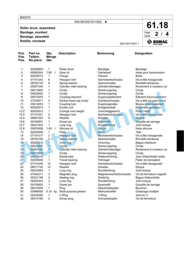 Bomag BW278 Tandem Vibratory Roller Spare Parts Catalogue 00818929 2 Bomag BW278 Tandem Vibratory Roller Spare Parts Catalogue 00818929-2