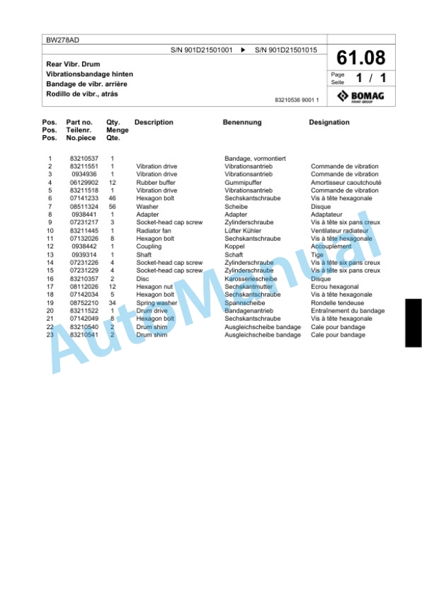 Bomag BW278AD Tandem Vibratory Roller Spare Parts Catalogue 00818531 2 Bomag BW278AD Tandem Vibratory Roller Spare Parts Catalogue 00818531-2