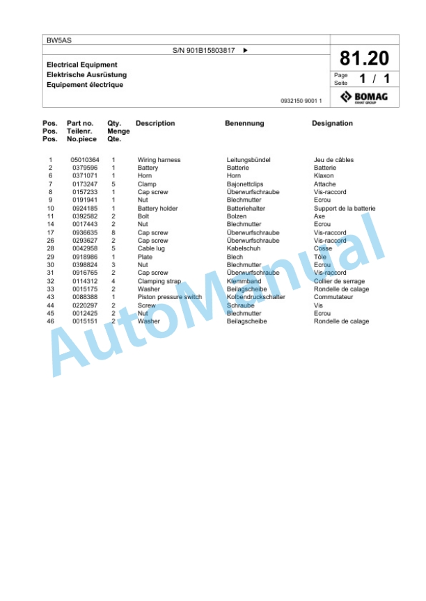 Bomag BW5AS Steel Wheel Roller Spare Parts Catalogue 00817871 2 Bomag BW5AS Steel Wheel Roller Spare Parts Catalogue 00817871-2
