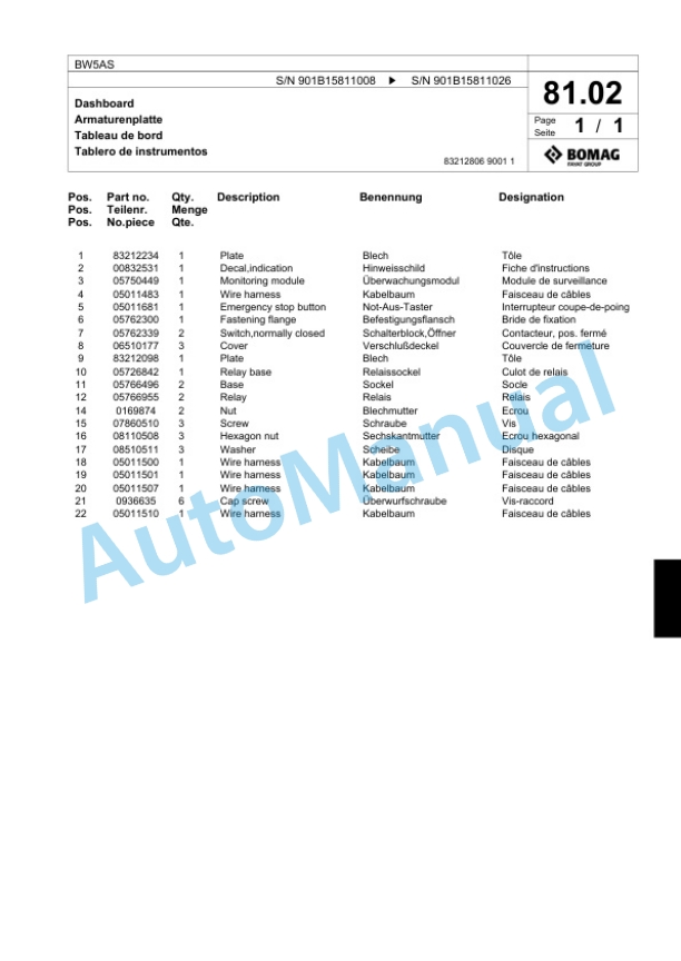 Bomag BW5AS Steel Wheel Roller Spare Parts Catalogue 00818617 2 Bomag BW5AS Steel Wheel Roller Spare Parts Catalogue 00818617-2