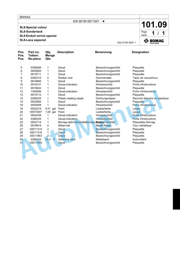 Bomag BW5AS Steel Wheel Roller Spare Parts Catalogue 00818617 3 Bomag BW5AS Steel Wheel Roller Spare Parts Catalogue 00818617-3