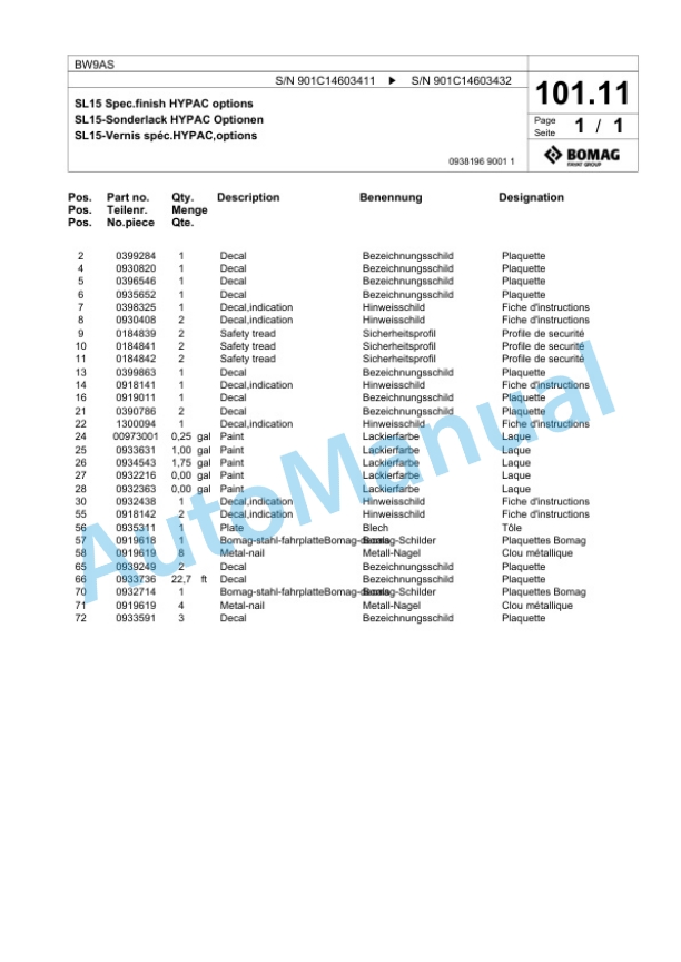 Bomag BW9AS Steel Wheel Roller Spare Parts Catalogue 00817889 5 Bomag BW9AS Steel Wheel Roller Spare Parts Catalogue 00817889-5