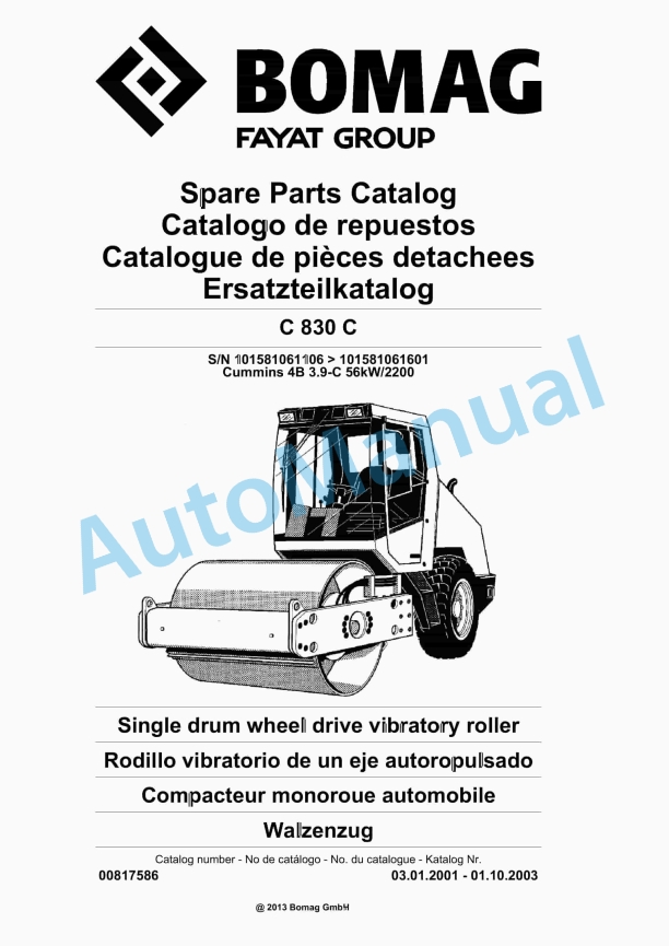 Bomag C 830 C Single Drum Wheel Drive Vibratory Roller Spare Parts Catalogue 00817586