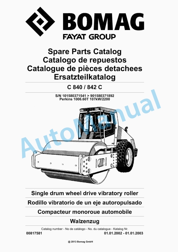 Bomag C 840 - 842 C Single Drum Wheel Drive Vibratory Roller Spare Parts Catalogue 00817581