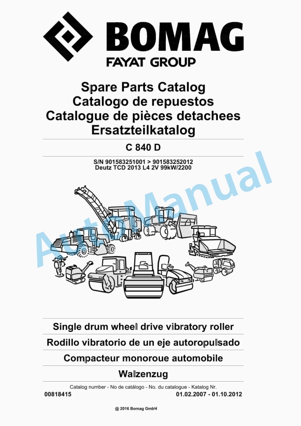 Bomag C 840 D Single Drum Wheel Drive Vibratory Roller Spare Parts Catalogue 00818415