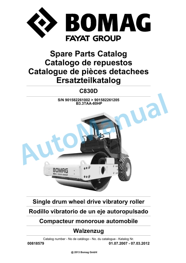 Bomag C830D Single Drum Wheel Drive Vibratory Roller Spare Parts Catalogue 00818579