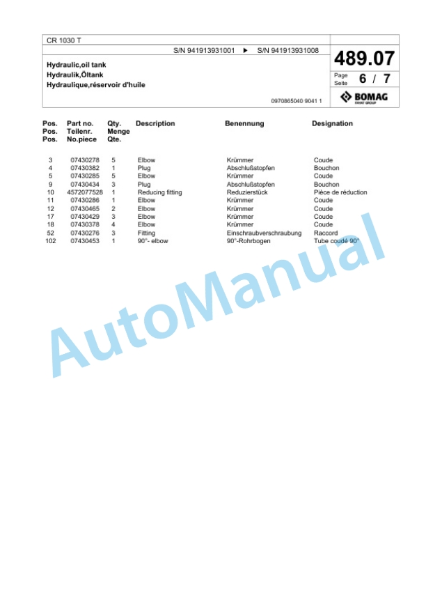 Bomag CR 1030 T Paver Spare Parts Catalogue 00825489 5 Bomag CR 1030 T Paver Spare Parts Catalogue 00825489-5